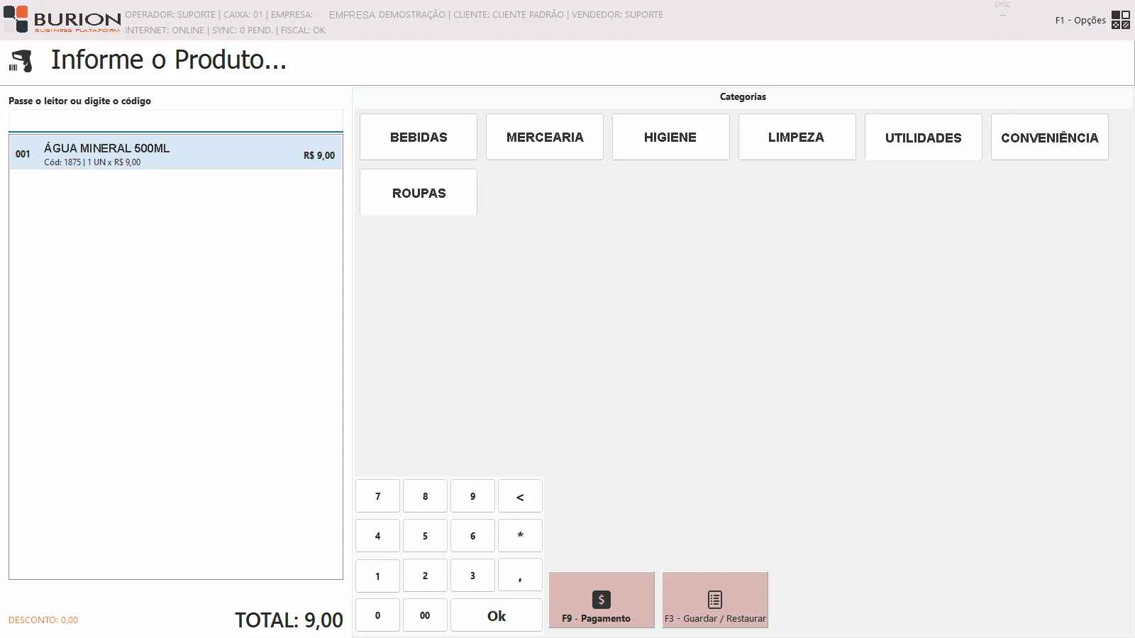 Interface do Burion PDV Offline, com categorias de produtos e teclado numérico virtual para operação touch