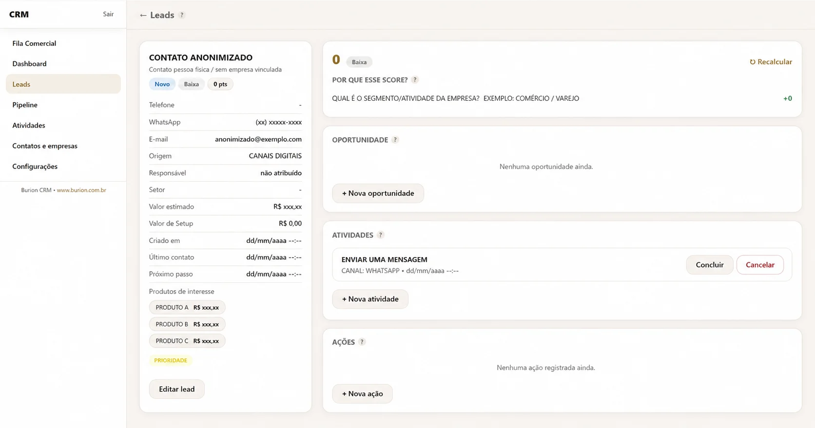 Detalhe de lead no Burion CRM com score, oportunidade, atividades e produtos de interesse