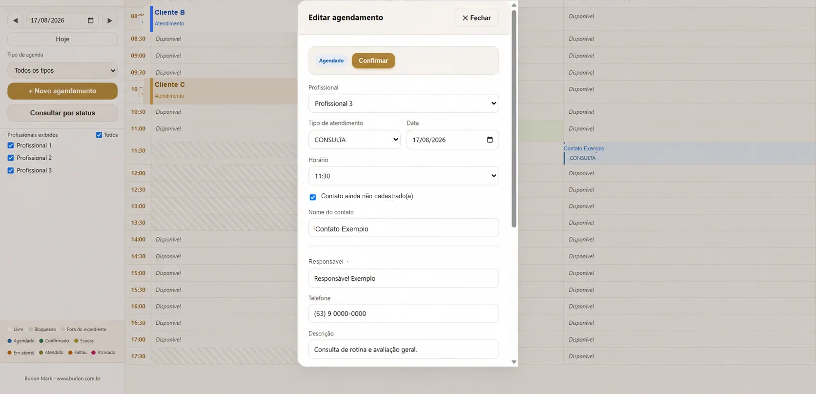 Edição de agendamento no Burion Mark, com confirmação e dados do compromisso