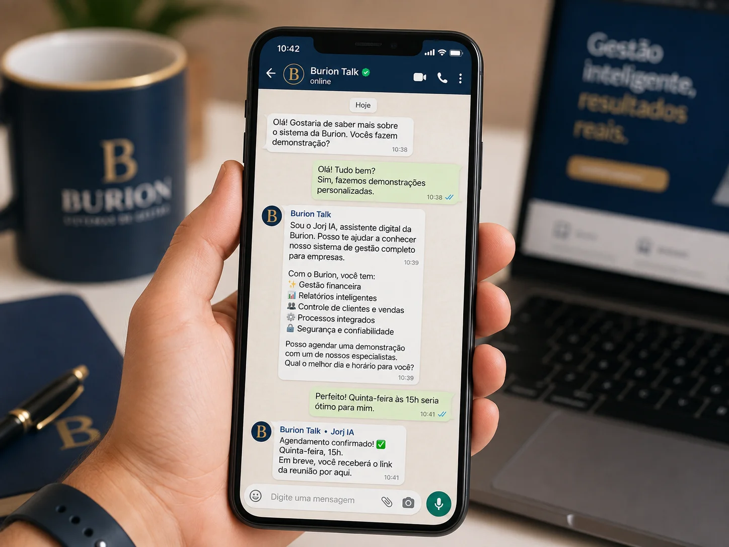 Agendamento sendo confirmado em uma conversa do Burion Talk pelo WhatsApp