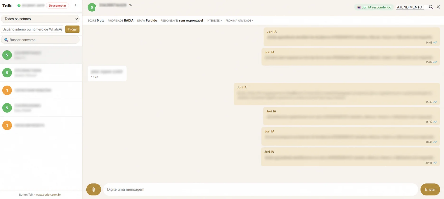 Interface do Burion Talk com atendimento pelo WhatsApp, histórico de conversas e inteligência artificial