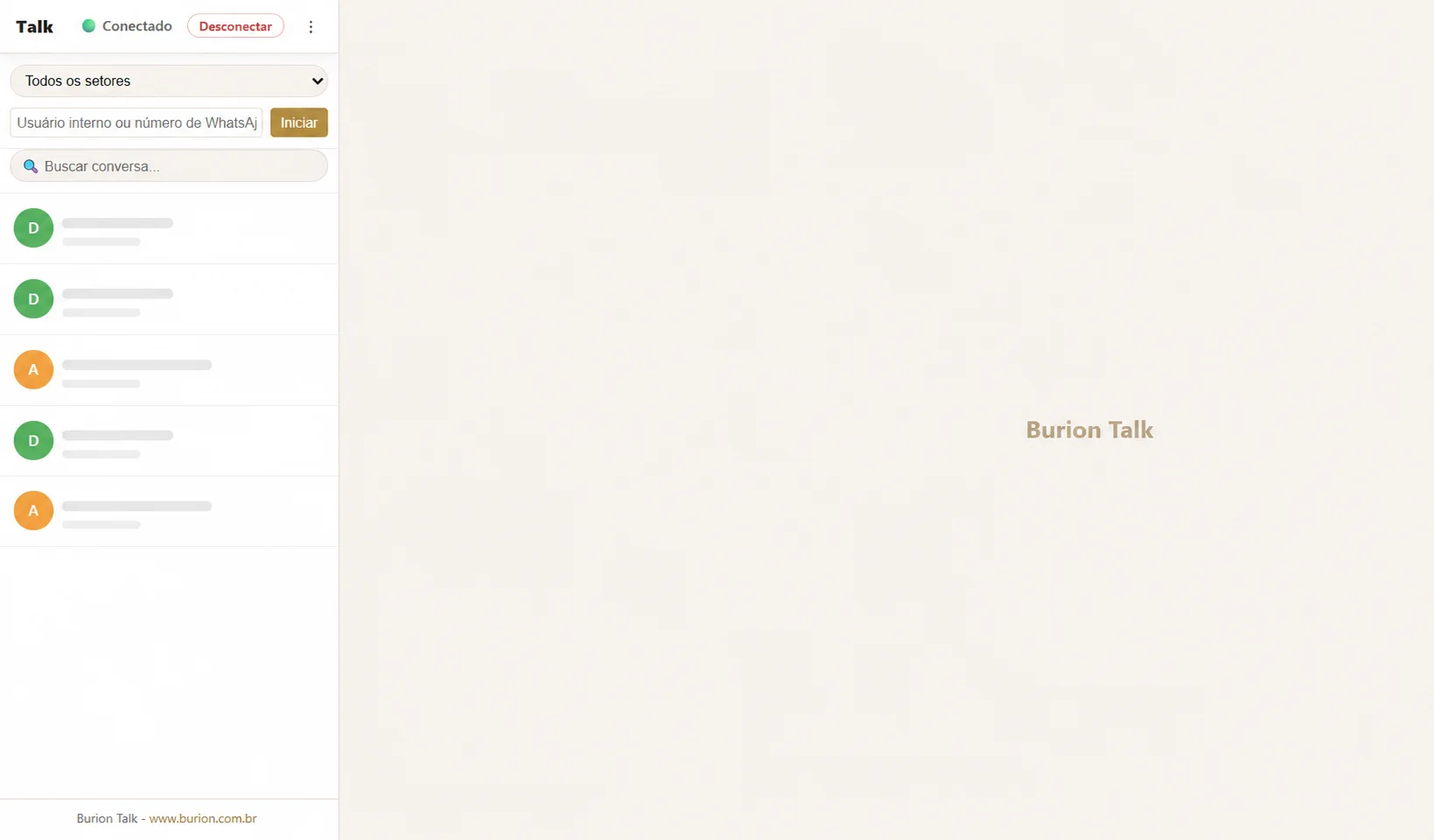 Painel do Burion Talk com lista organizada de conversas e setores de atendimento